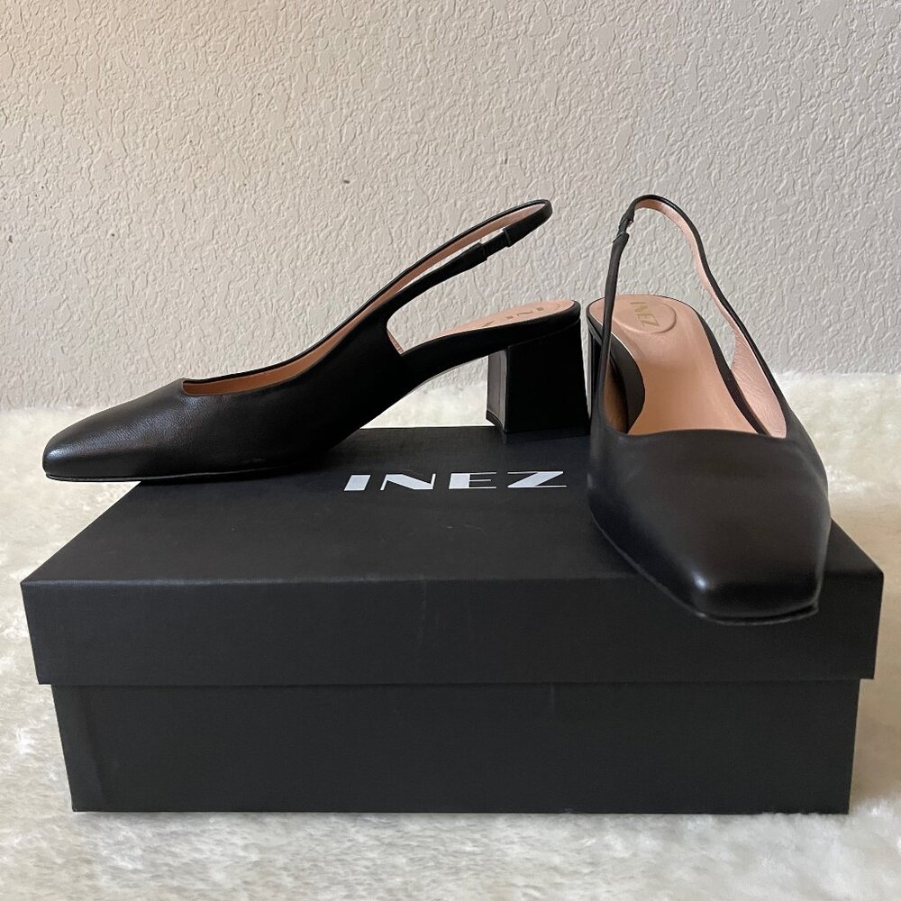 Inez Coco slingback square toe block heel pump in Black Nappa size 10.5
